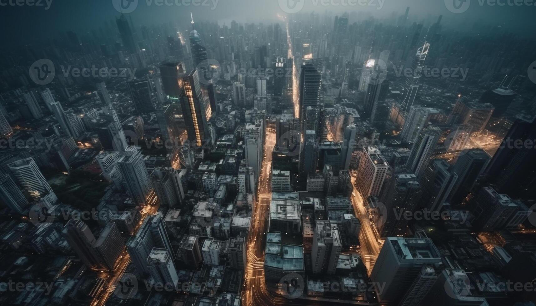 Wolkenkratzer Stadtbild beim Nacht, hoch Winkel Aussicht von modern die Architektur generativ ai foto
