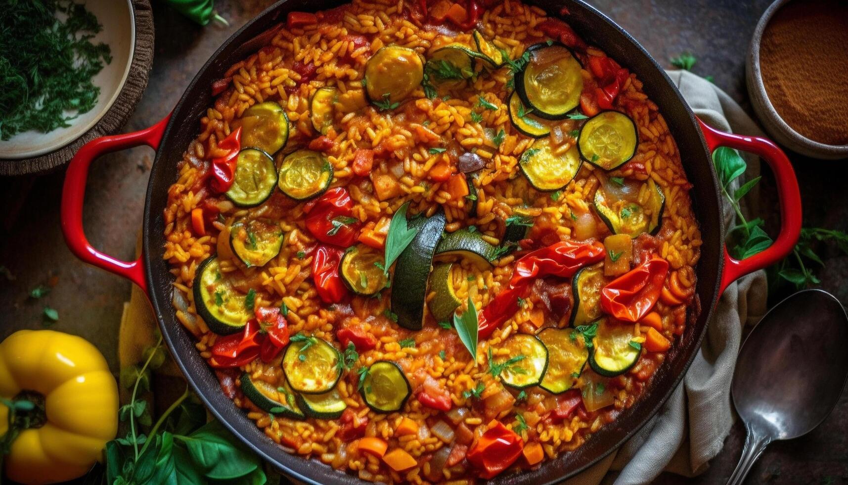 gesund Vegetarier Paella gekocht mit frisch Meeresfrüchte und Gemüse generiert durch ai foto