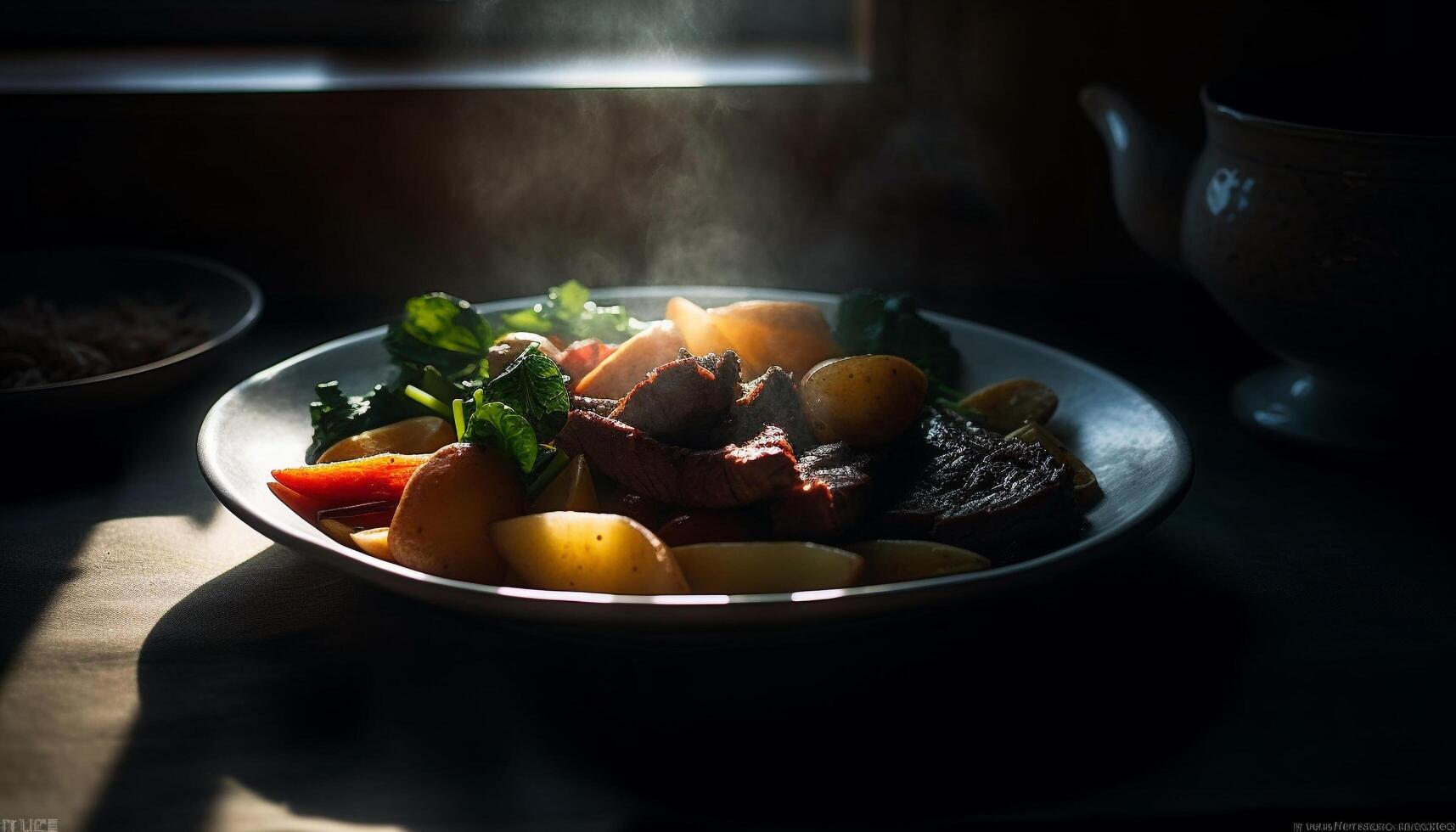 frisch Gourmet Salat mit gegrillt Meeresfrüchte und organisch Gemüse generiert durch ai foto