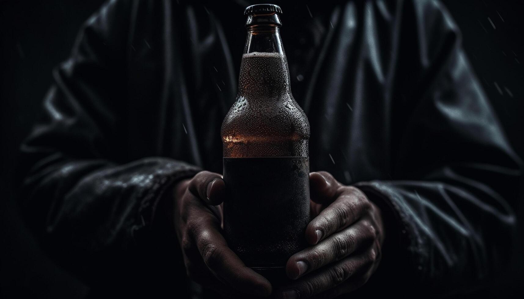 einsam jung Erwachsene halten Whiskey Flasche im dunkel Einsamkeit generiert durch ai foto