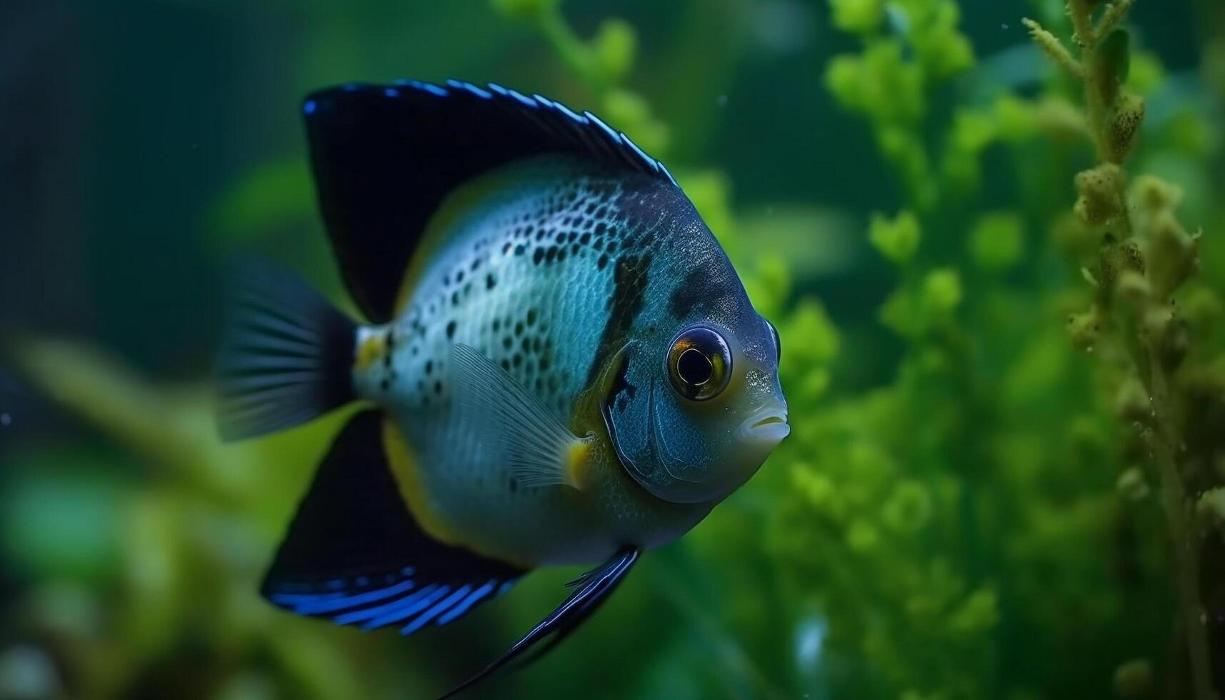 Gelb gestreift Clown Fisch schwimmt im schön Koralle Riff unter Wasser generiert durch ai foto