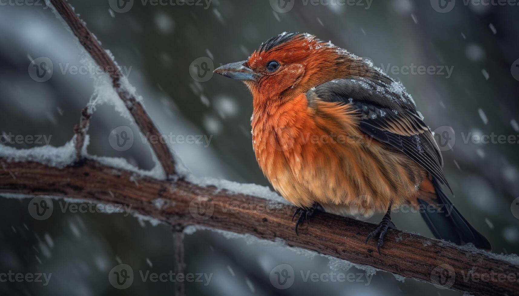 klein tit sich niederlassen auf schneebedeckt Zweig, Schönheit im Natur gefangen generiert durch ai foto