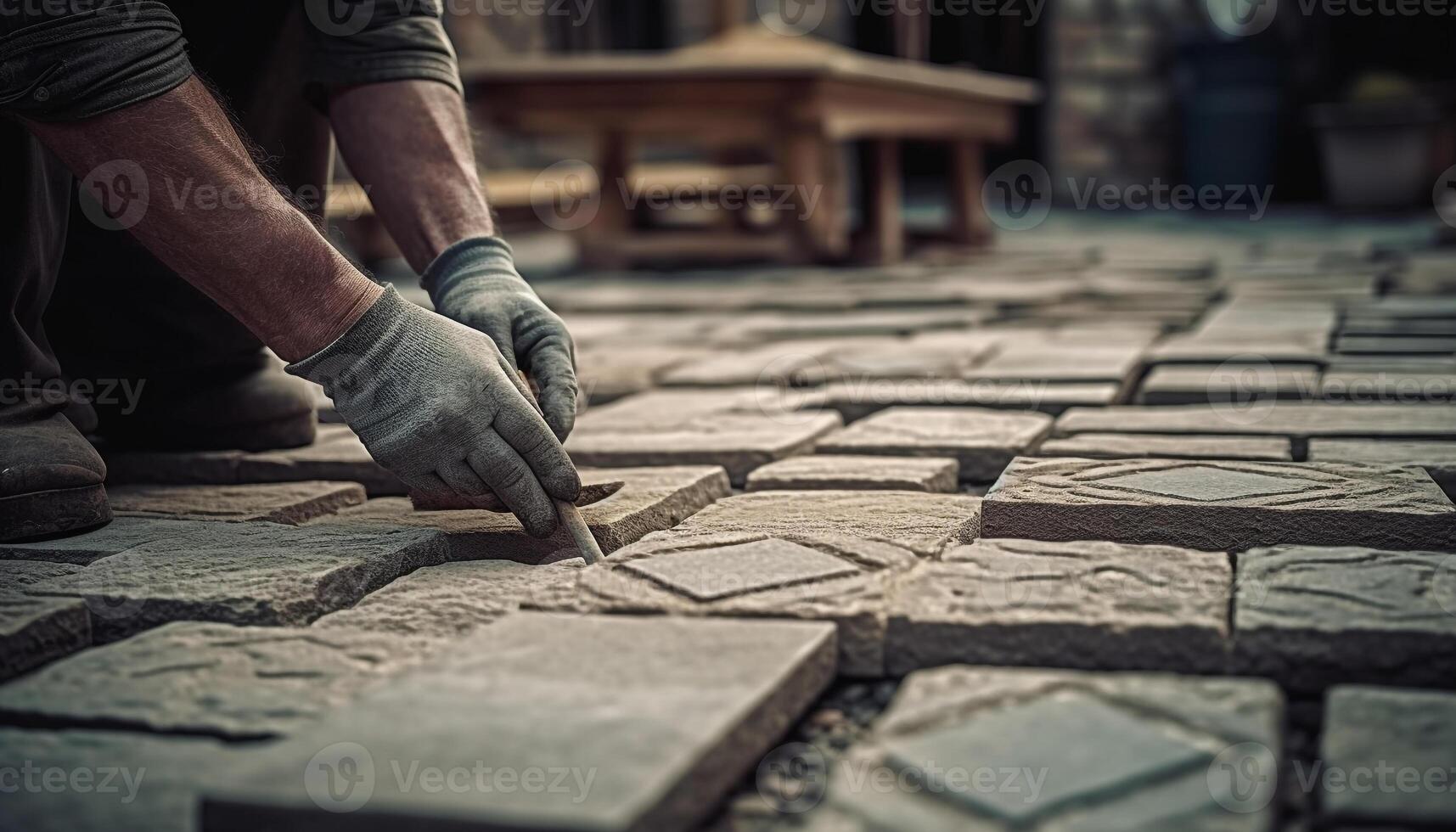 Konstruktion Arbeiter Installation Fliese Bodenbelag mit Rau Stein Material draußen generiert durch ai foto