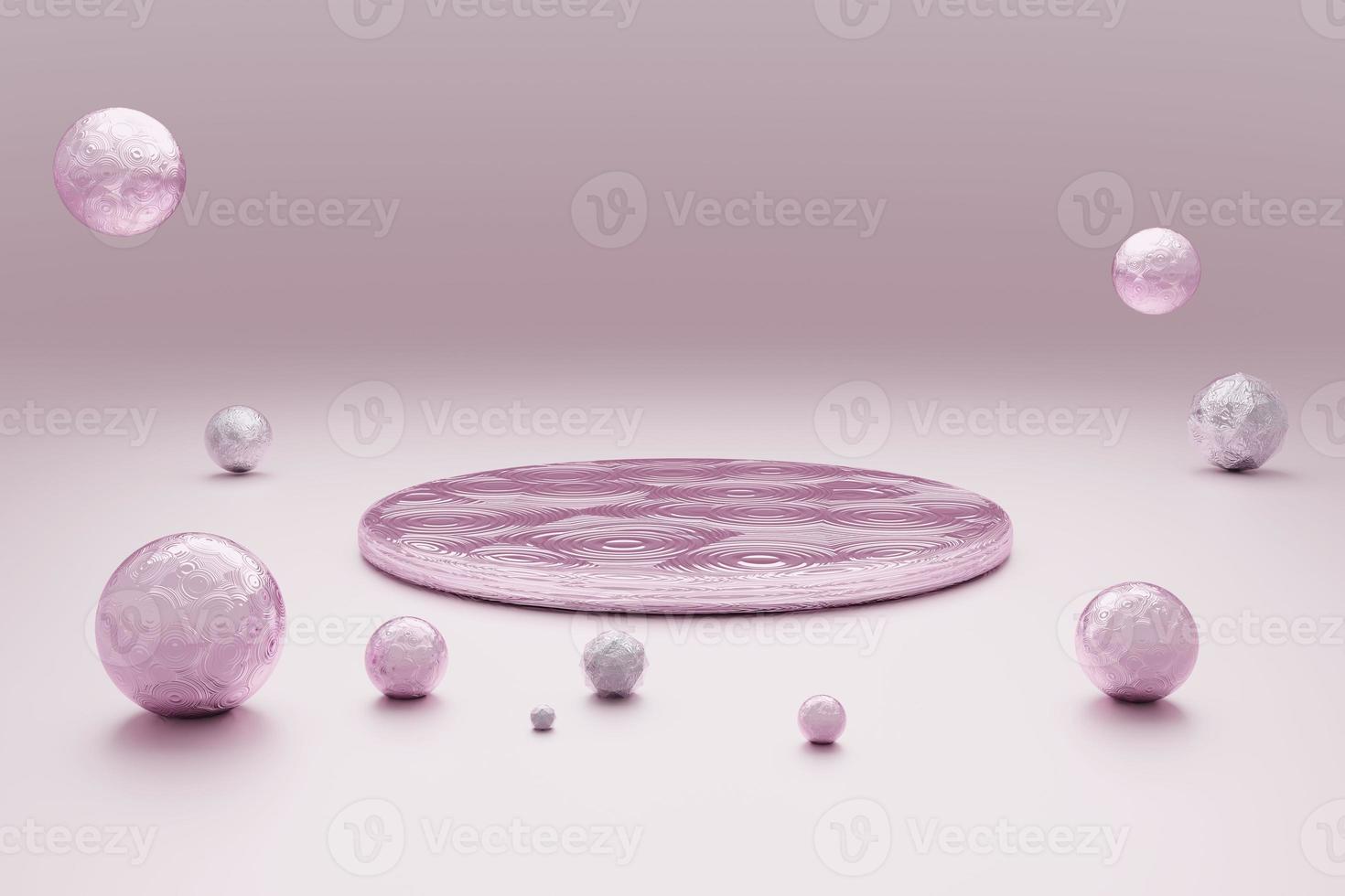 abstrakter pastellrosa Hintergrund mit rundem Podium und Perlen-3D-Rendering foto