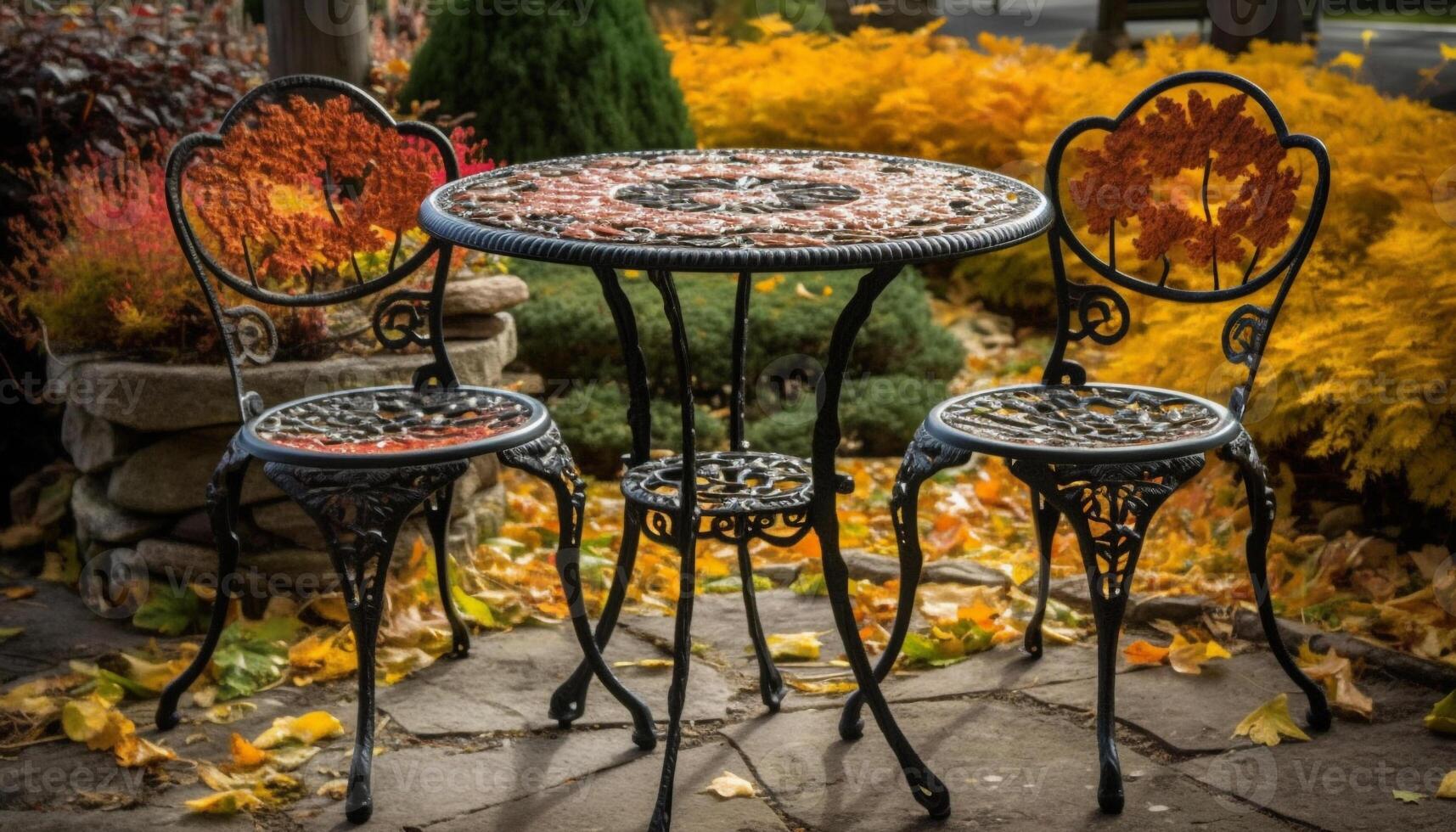 Gelb Blatt auf alt hölzern Bank im formal Garten draußen generiert durch ai foto