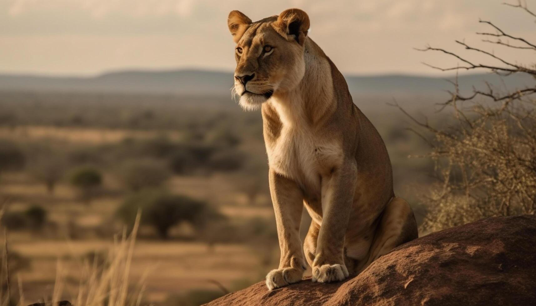 majestätisch Löwin ruhen im das grasig Savanne beim Sonnenuntergang generiert durch ai foto
