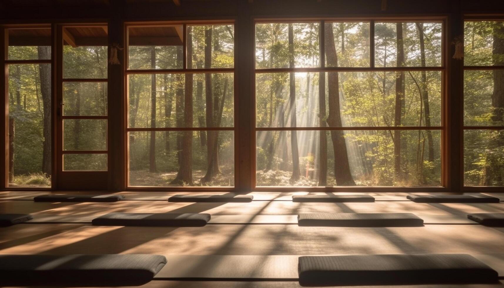 sonnendurchflutet Wald Fenster Frames modern Innen- Lebensstile mit still Natur generiert durch ai foto