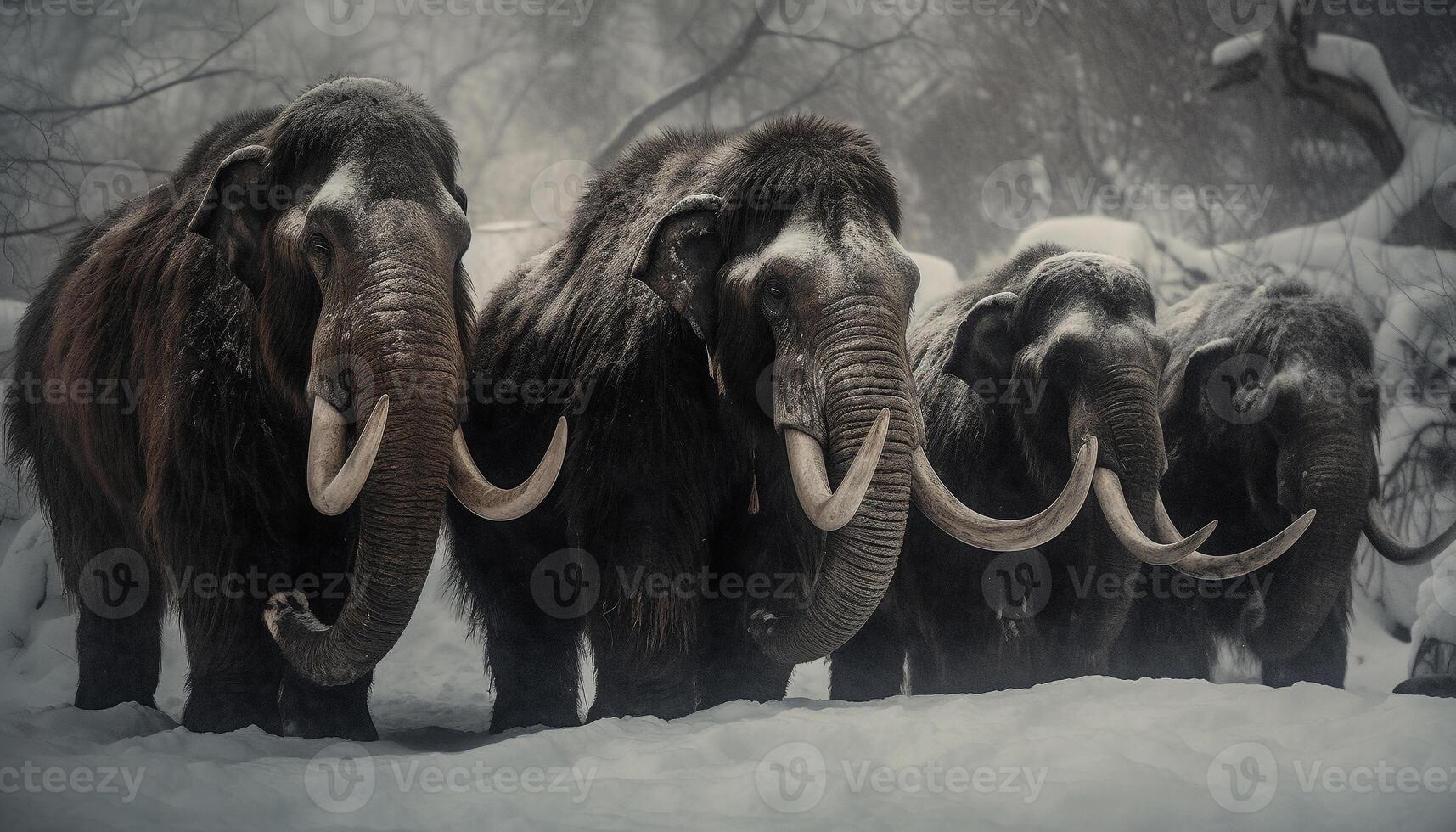 afrikanisch Elefant Herde im Winter Wald, gefährdet Spezies im Bewegung generiert durch ai foto