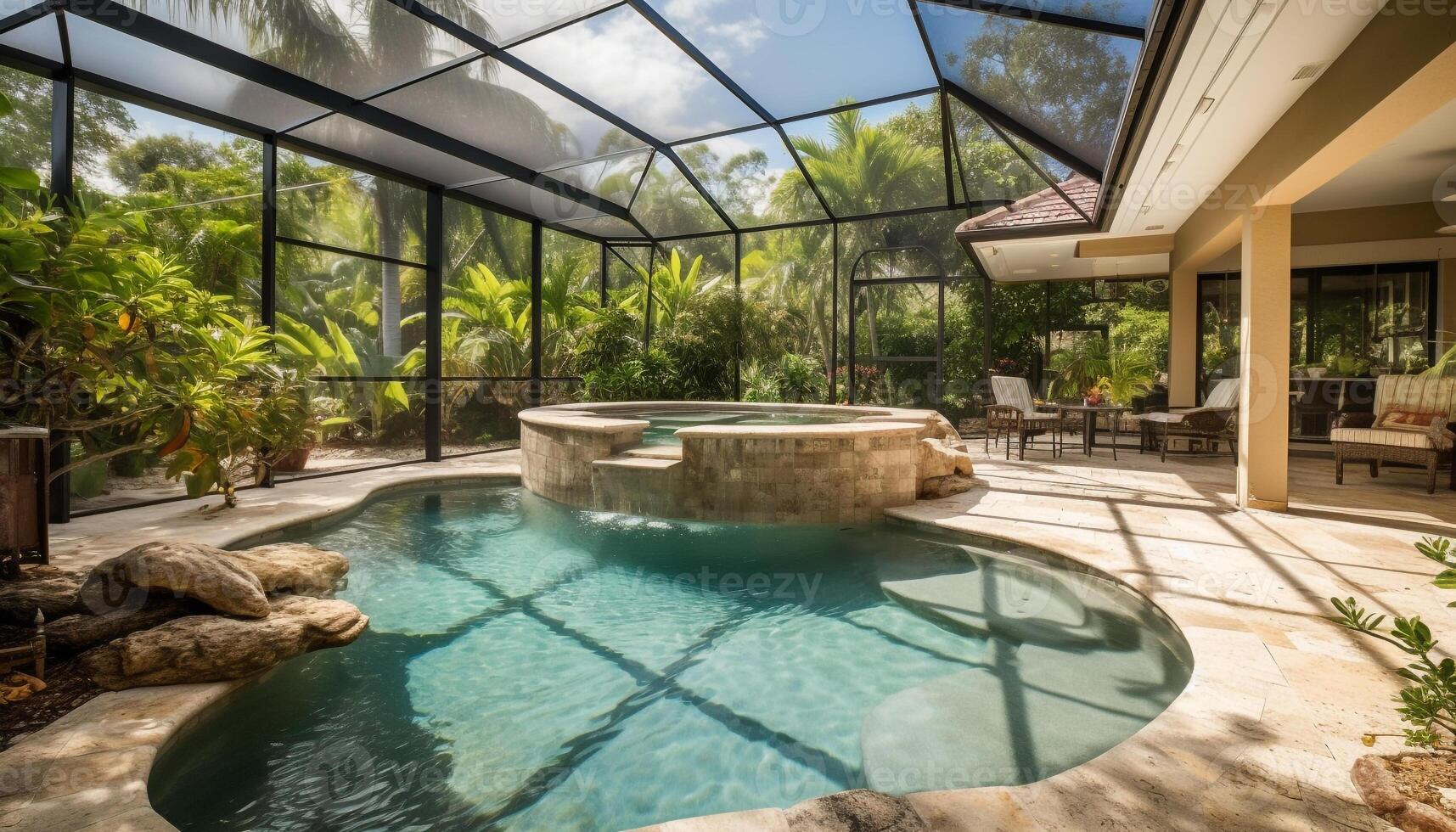modern die Architektur Mischungen mit Natur im luxuriös tropisch Schwimmen Schwimmbad generiert durch ai foto