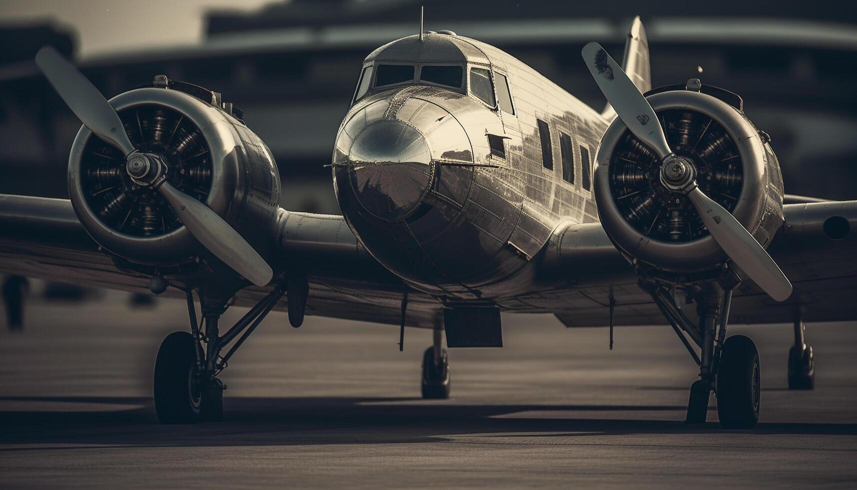 fliegend Militär- Kämpfer Ebene, Propeller Motor, schwarz und Weiß Geschichte generiert durch ai foto