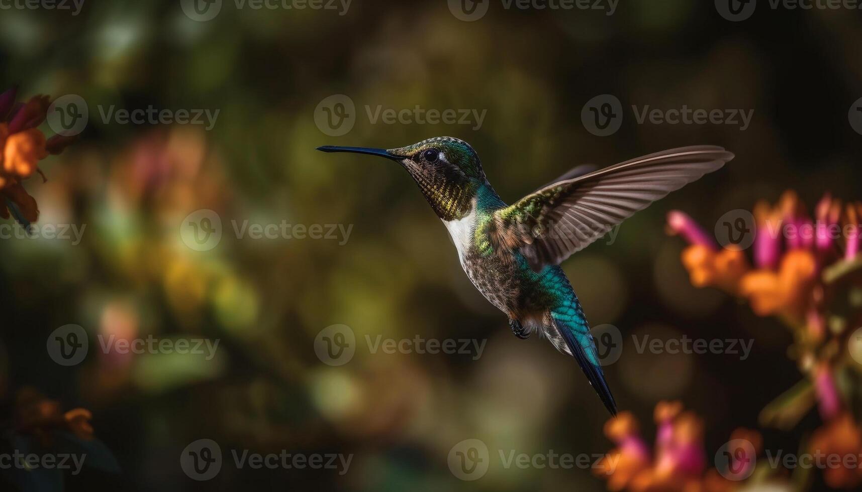 Kolibri schweben Mitte Luft, bestäubend ein beschwingt lila Blume generiert durch ai foto