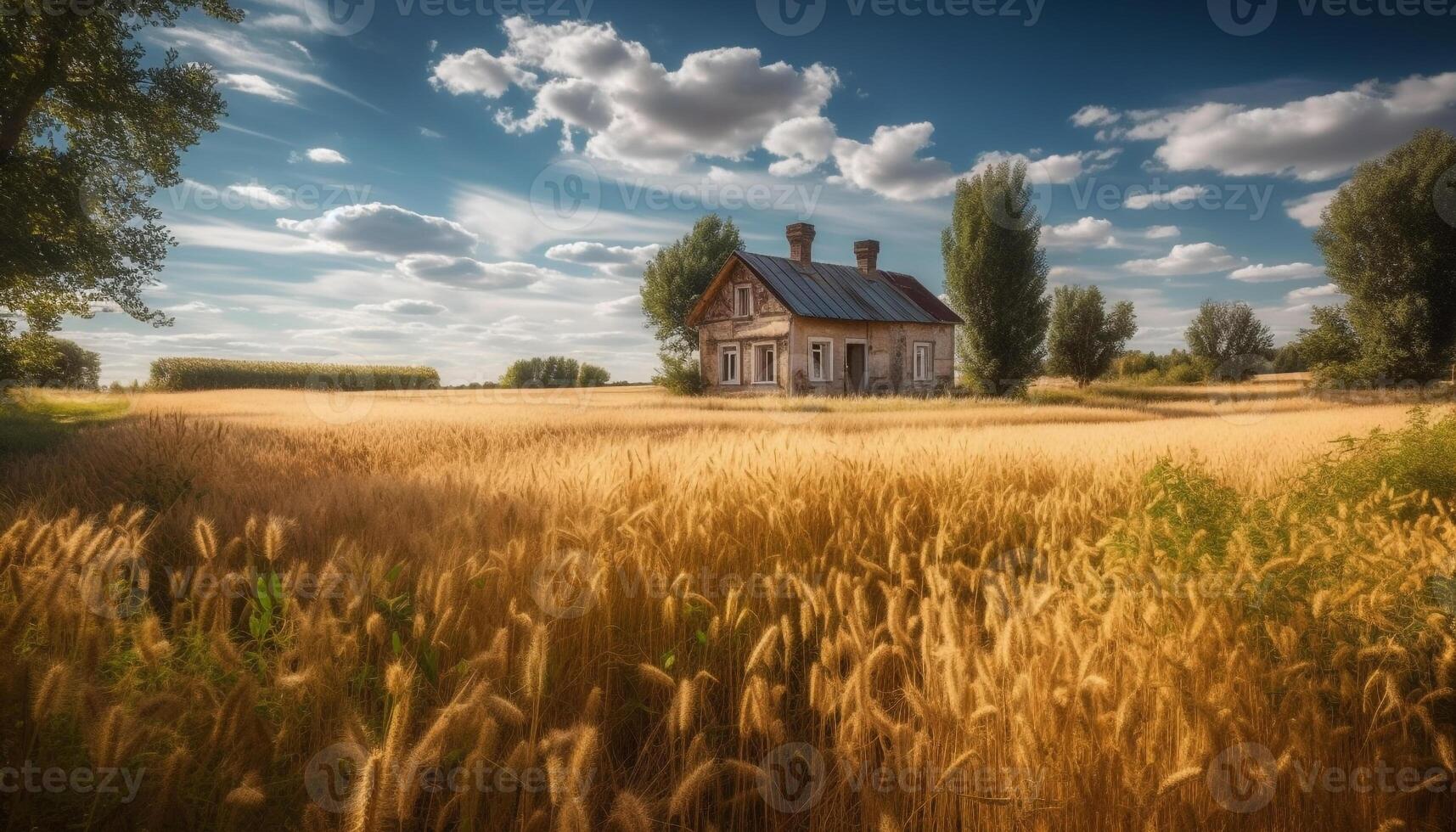 still ländlich Szene Sonnenuntergang Über Weizen Wiese, alt Bauernhaus generiert durch ai foto