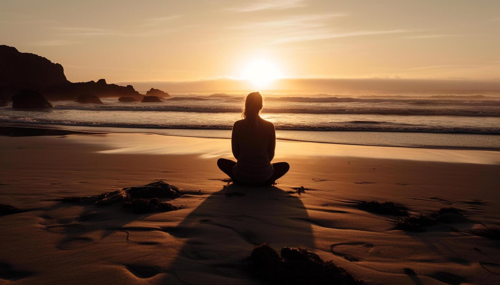 einer Frau meditieren im Lotus Position, üben Buddhismus draußen generiert durch ai foto