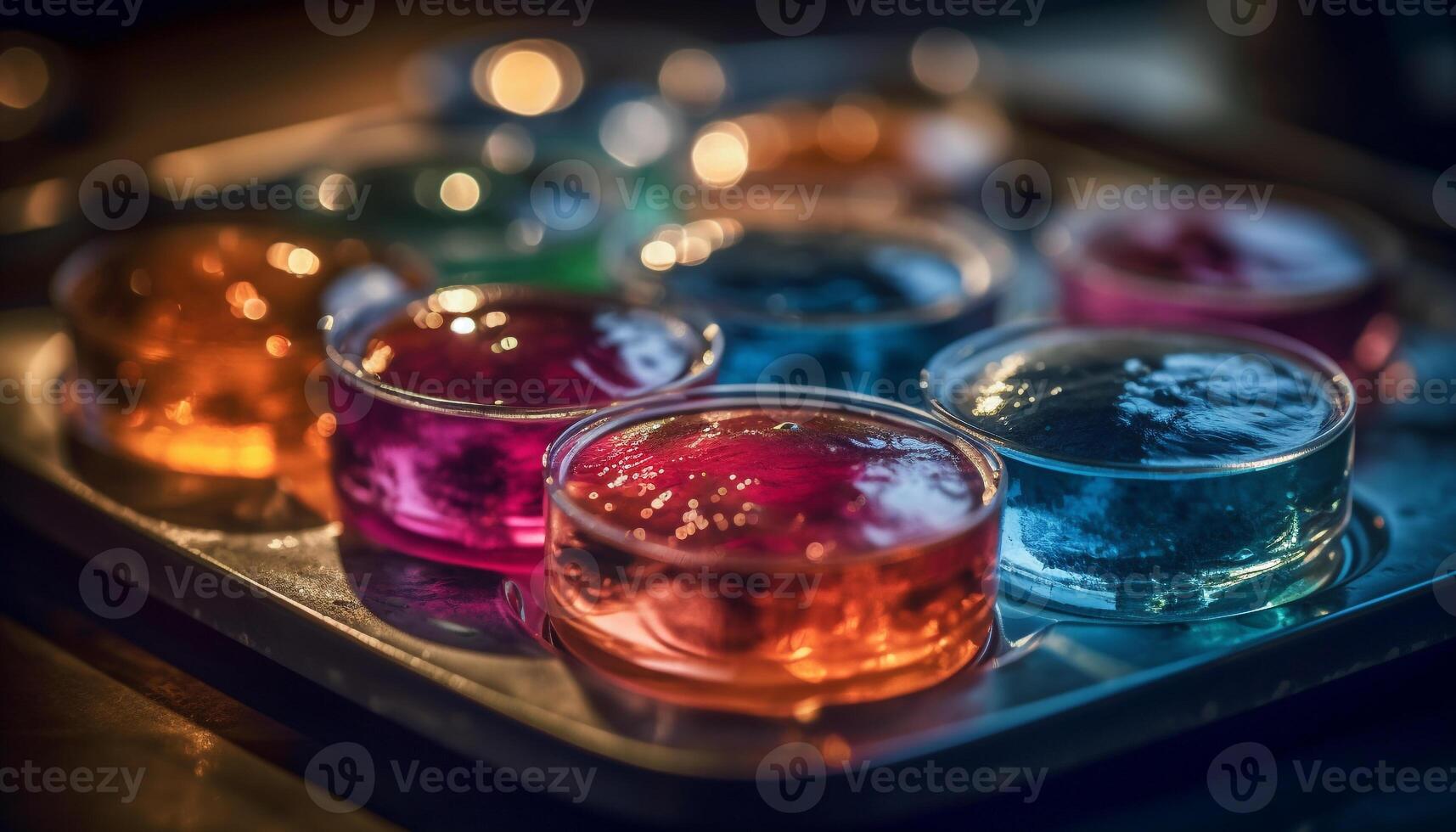 beschwingt Farben von Flüssigkeit Farbe schmücken Glas Flasche auf Tabelle generiert durch ai foto