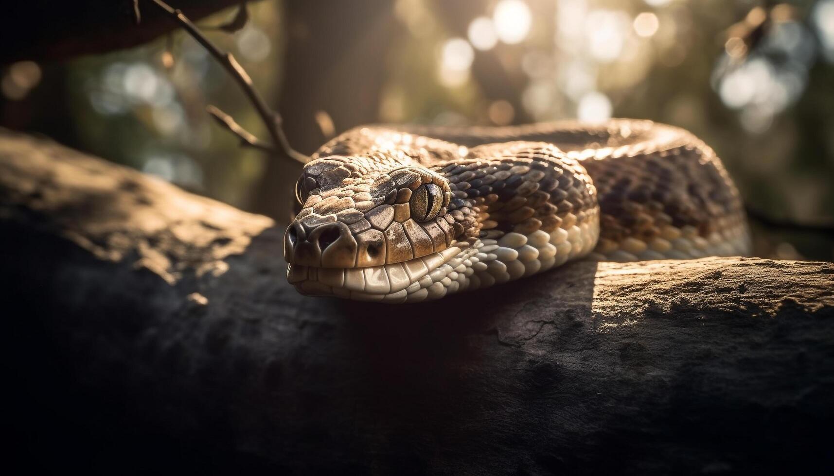 gespenstisch Viper kriecht auf Zweig, Fokus auf es ist Markierungen generiert durch ai foto