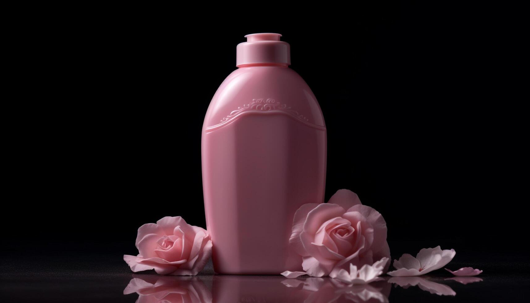 frisch Rosa Feuchtigkeitscreme Flasche spiegelt Natur Schönheit Behandlung Design generiert durch ai foto