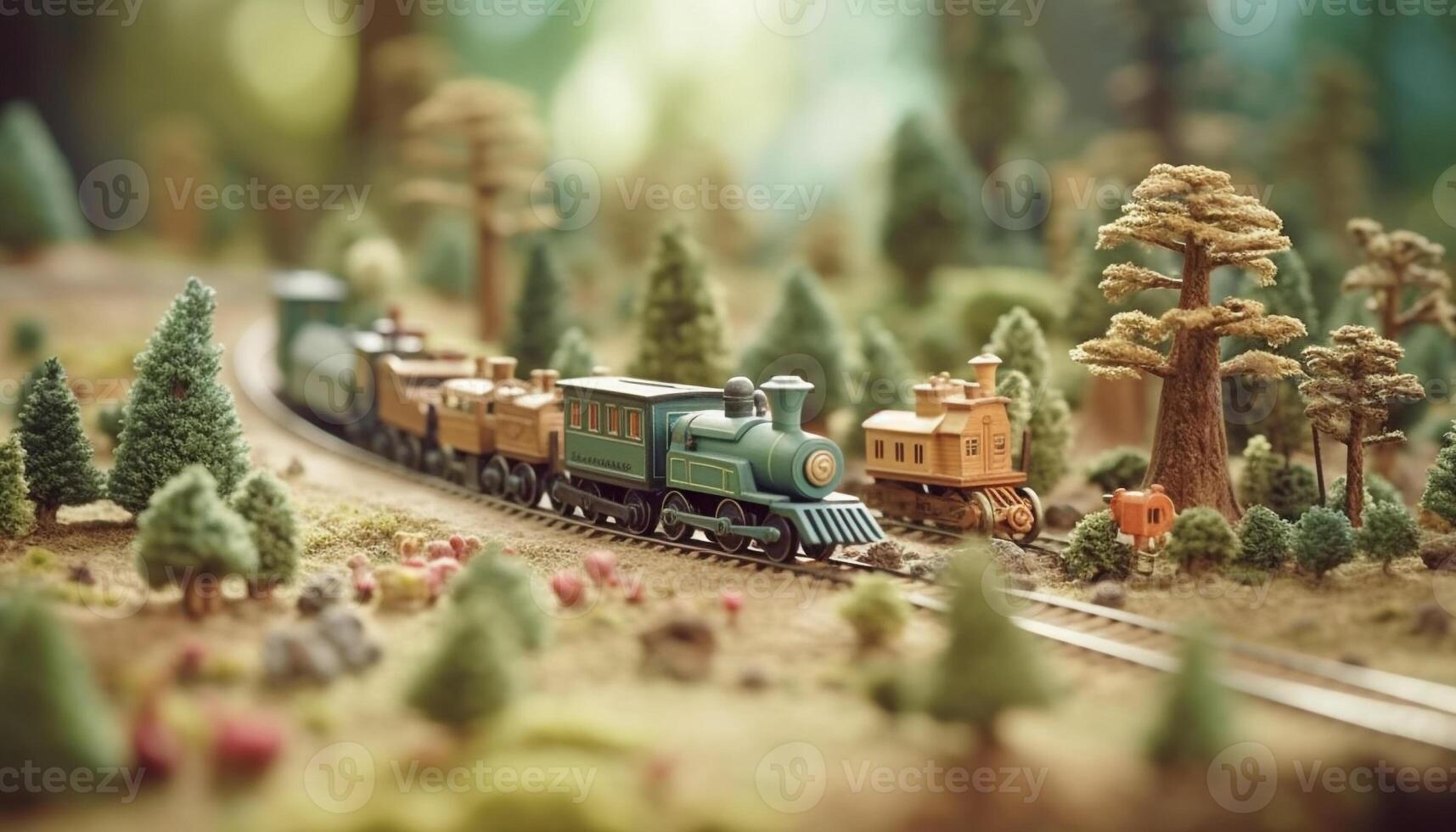 klein Lokomotive auf Eisenbahn Spur durch Wald, ein Kindheit Dekoration generiert durch ai foto