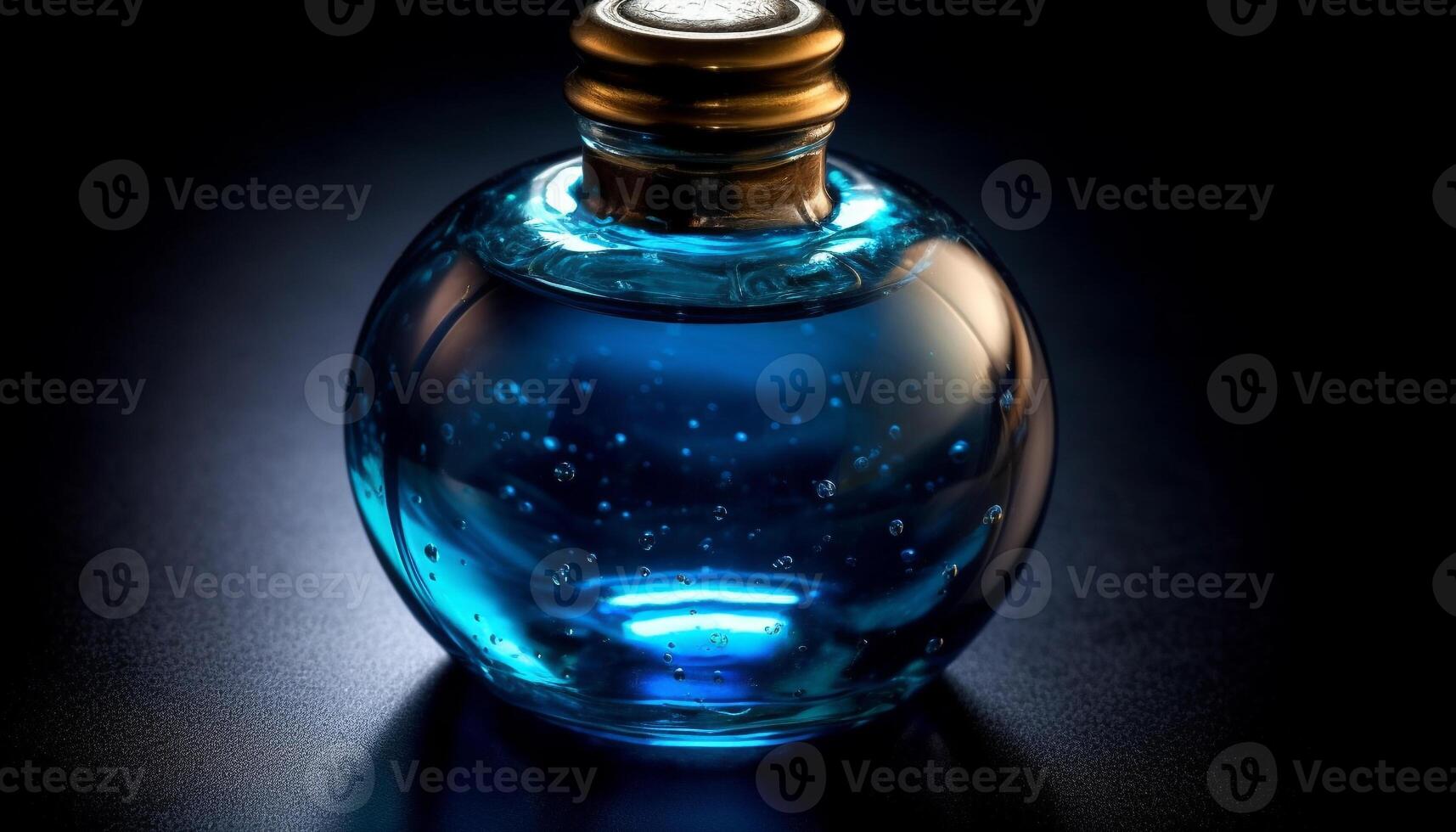 transparent Glas Flasche spiegelt Blau flüssig, elegant Whiskey Container generiert durch ai foto