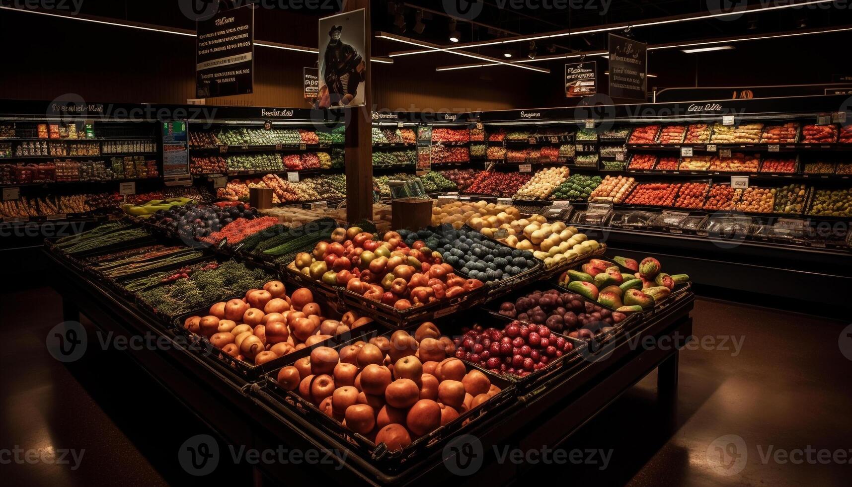 Gang von frisch, organisch, und gesund Lebensmittel im Bequemlichkeit Geschäft generiert durch ai foto