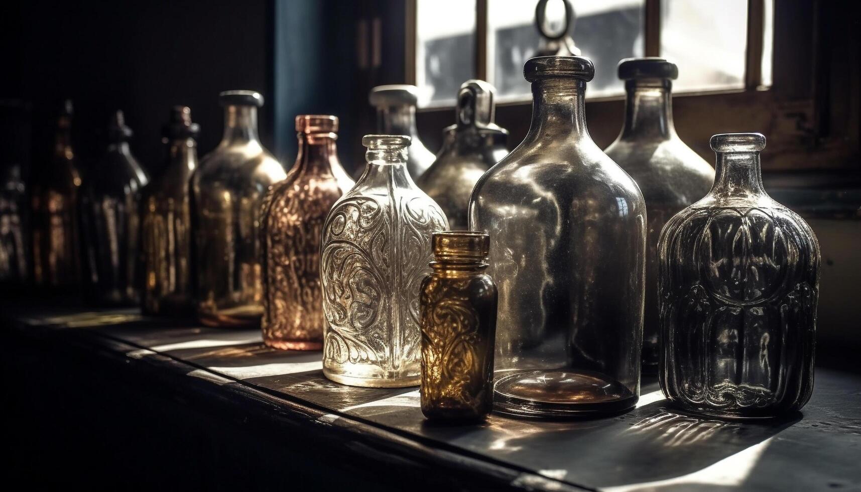 Luxus Whiskey Flasche und Antiquität Glas auf hölzern Tabelle Anordnung generiert durch ai foto