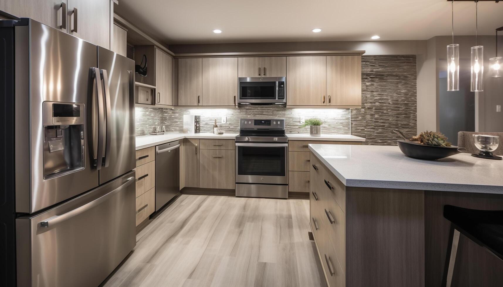 modern Luxus Küche mit rostfrei Stahl Haushaltsgeräte und elegant Marmor Bodenbelag generiert durch ai foto