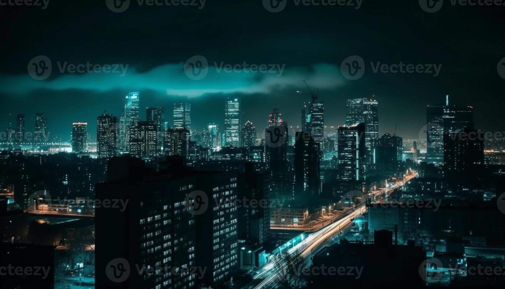modern Stadt Horizont beleuchtet durch Blau Dämmerung, reflektieren auf Wasser generiert durch ai foto