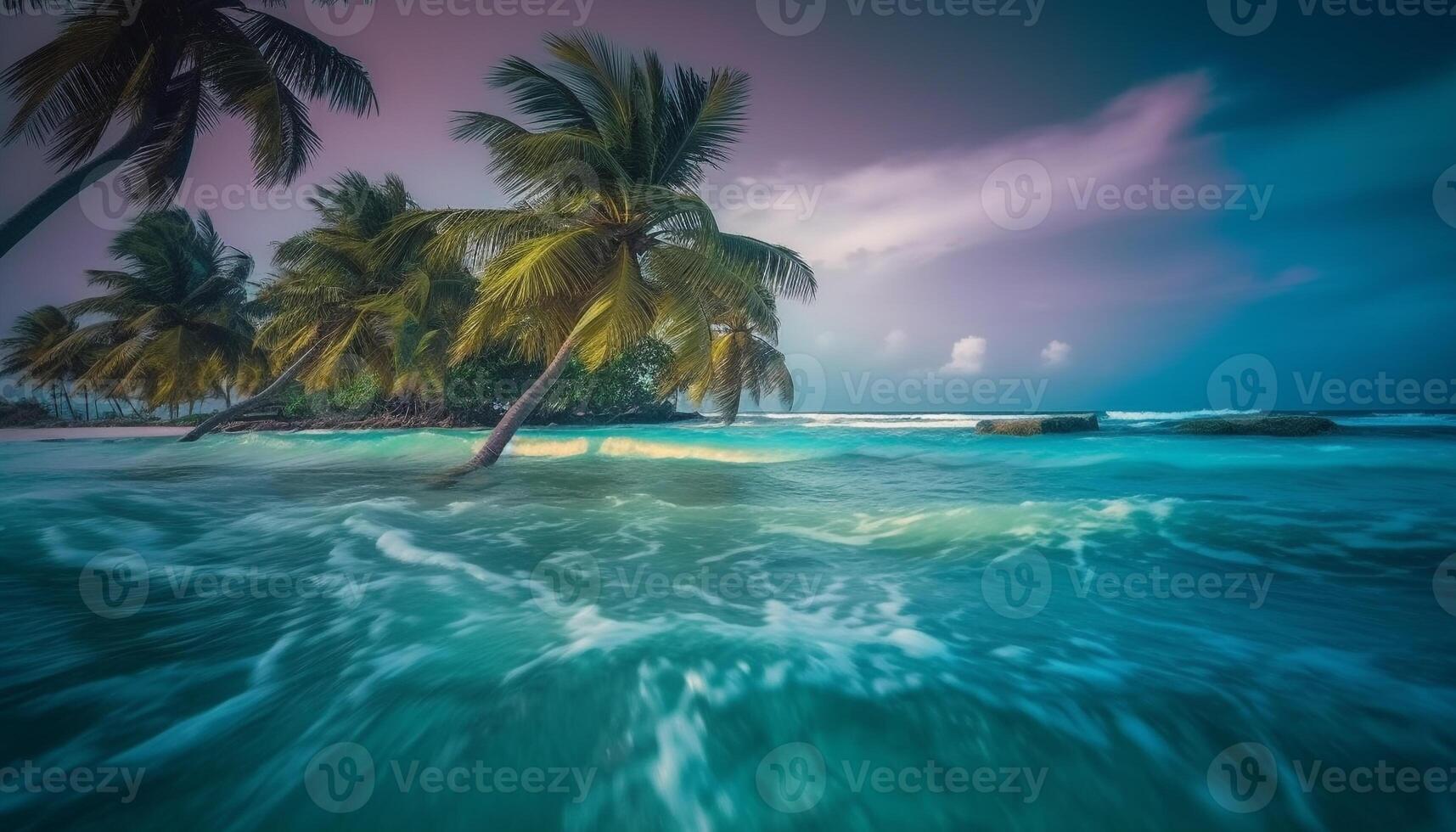 ein still Karibik Seelandschaft mit Türkis Wasser und Palme Bäume generiert durch ai foto