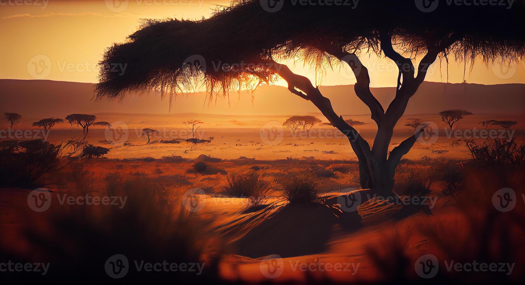 afrikanisch szenisch Savanne Sonnenuntergang Silhouetten heiter Tierwelt ,generativ ai foto