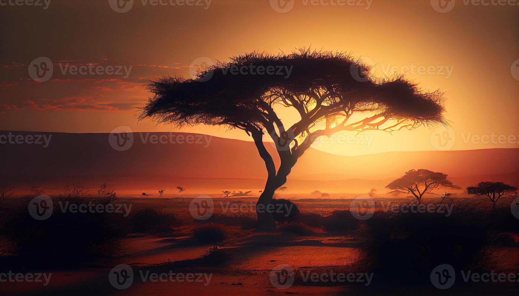 Silhouette von Akazie Baum im afrikanisch Sonnenuntergang ,generativ ai foto