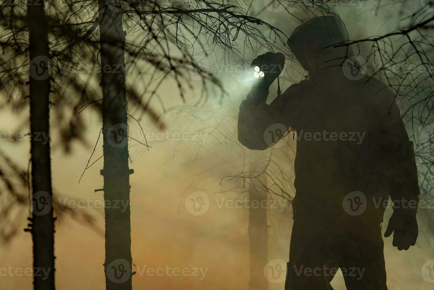 Männer mit Taschenlampe während Wald Lauffeuer Rettung Mission foto