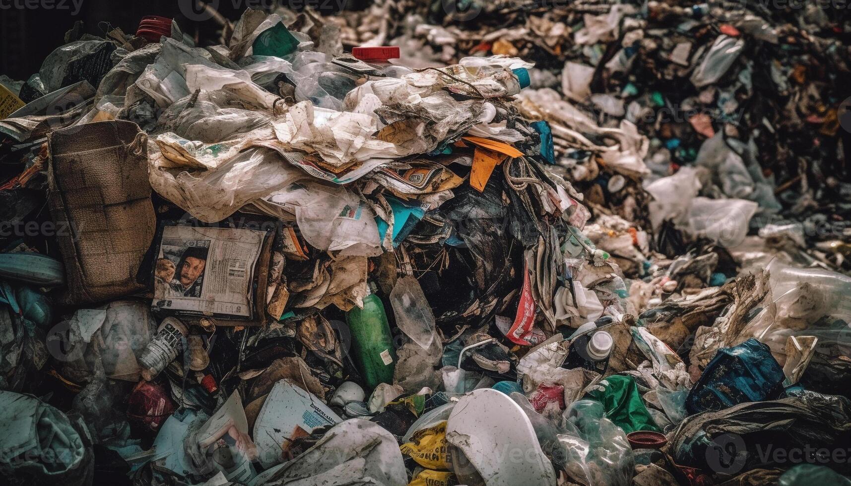 unhygienisch Müll Haufen verschmutzt Umfeld, Recycling Symbol bietet an hoffen generiert durch ai foto