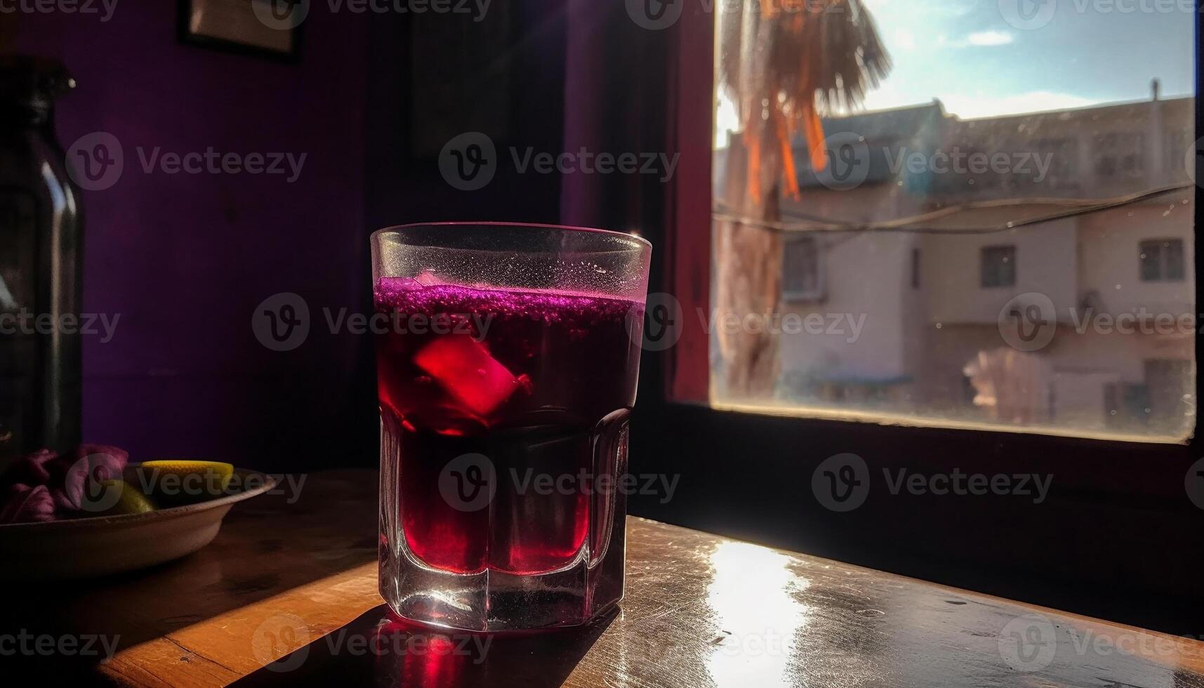 erfrischend Cocktail auf hölzern Tabelle mit Eis und Obst Garnierung generativ ai foto