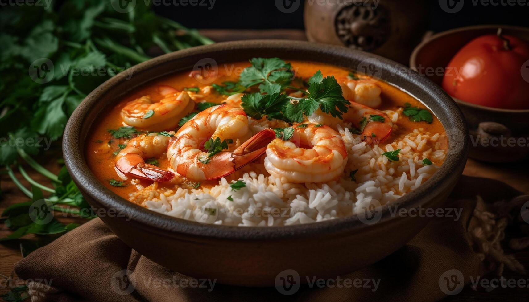 gesund Meeresfrüchte Mahlzeit mit Garnelen, Gemüse, und Reis auf Geschirr generativ ai foto