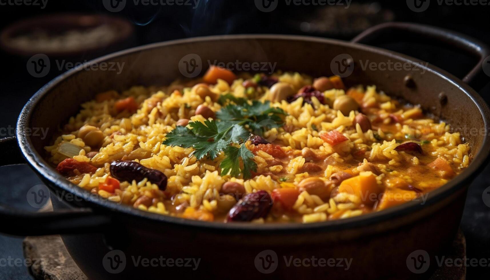 frisch Vegetarier Paella mit Tomate, Zwiebel, und Glocke Pfeffer gekocht perfekt generativ ai foto