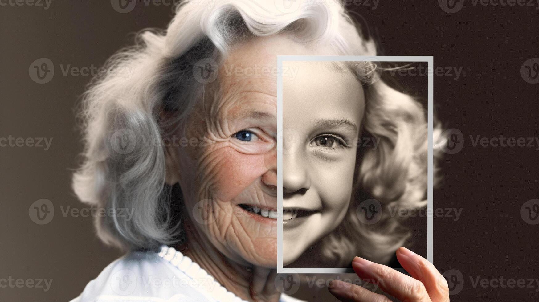 Alten Frau mit faltig Haut Porträt halten ein Foto von Sie selber wie ein jung Mädchen mit perfekt Haut - - generativ ai.