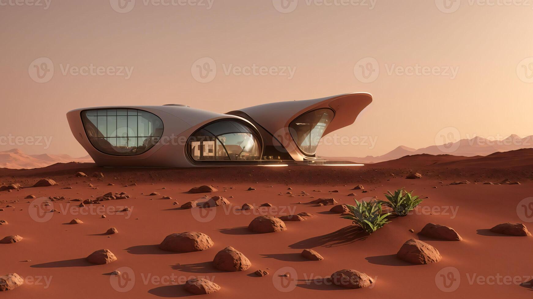 Landschaft von ein Sci-Fi futuristisch Cyberpunk Haus auf das Oberfläche von Planet Mars beim Dämmerung - - generativ ai Illustration foto