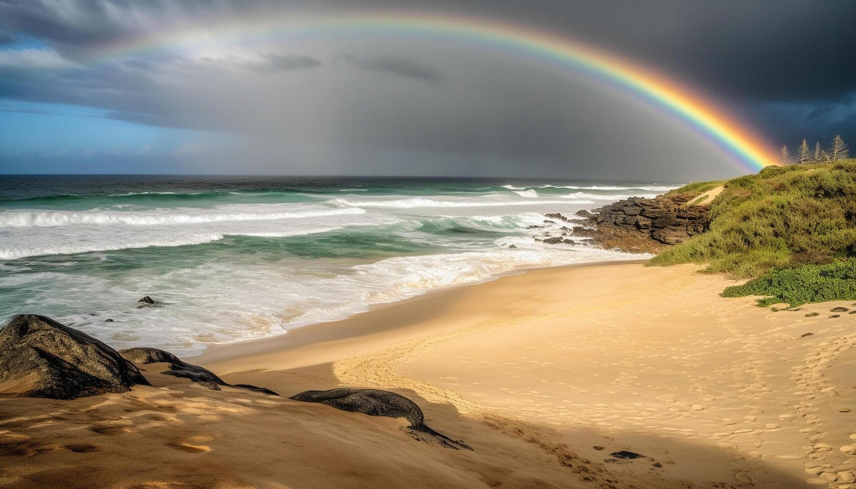 majestätisch Regenbogen Über still Seelandschaft beim Dämmerung generiert durch ai foto