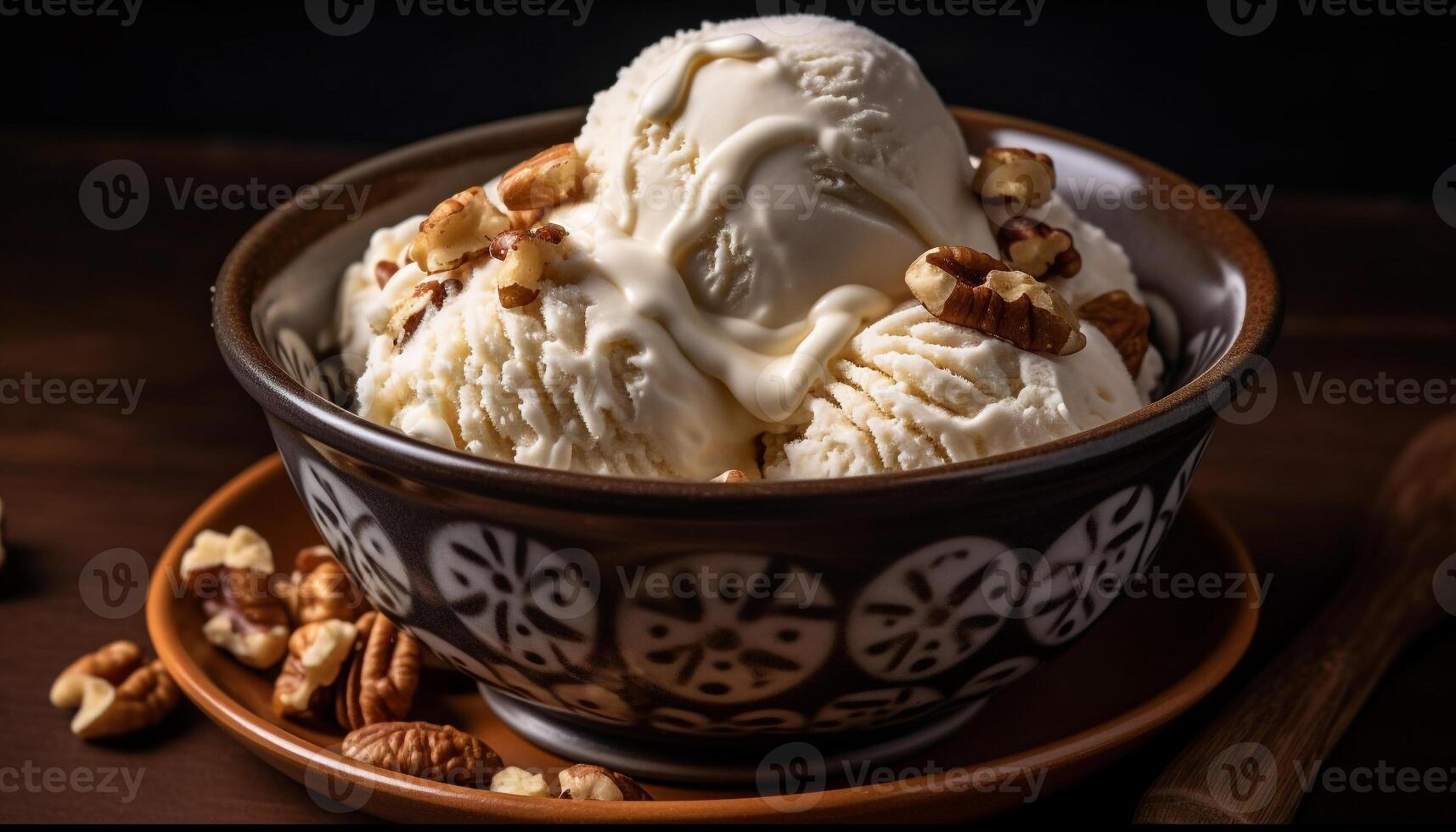 nachsichtig Eis Sahne Eisbecher mit frisch Obst generiert durch ai foto