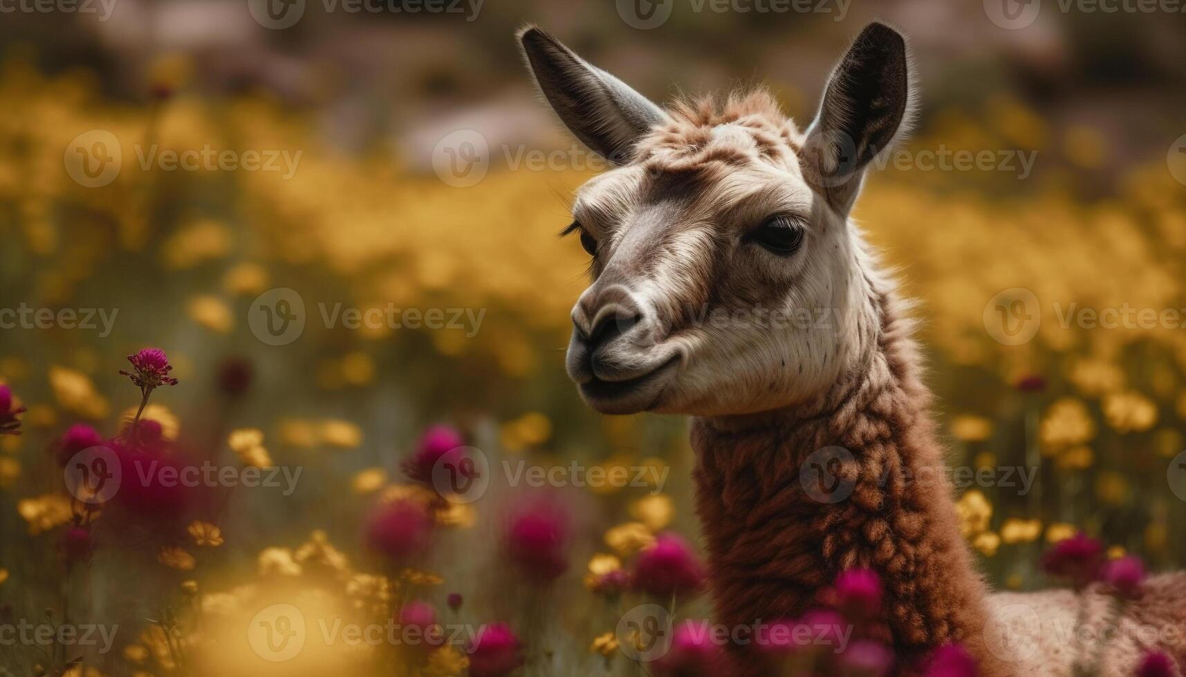 flauschige Alpaka weidet im still Wiese, Frühling Schönheit generiert durch ai foto