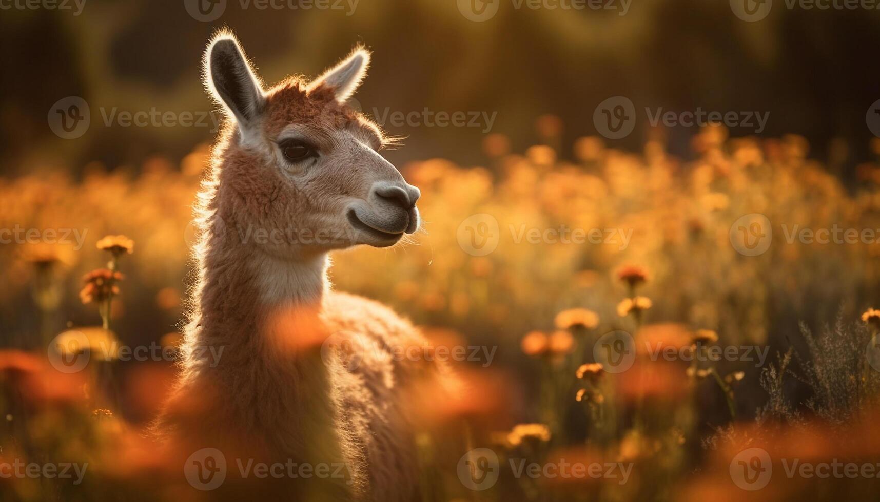 flauschige Alpaka weidet im still Wiese, süß Porträt generiert durch ai foto