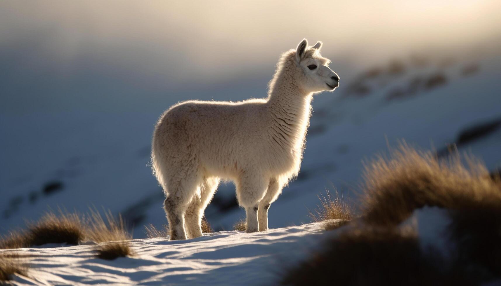 flauschige Alpaka steht im schneebedeckt Berg Wiese generiert durch ai foto