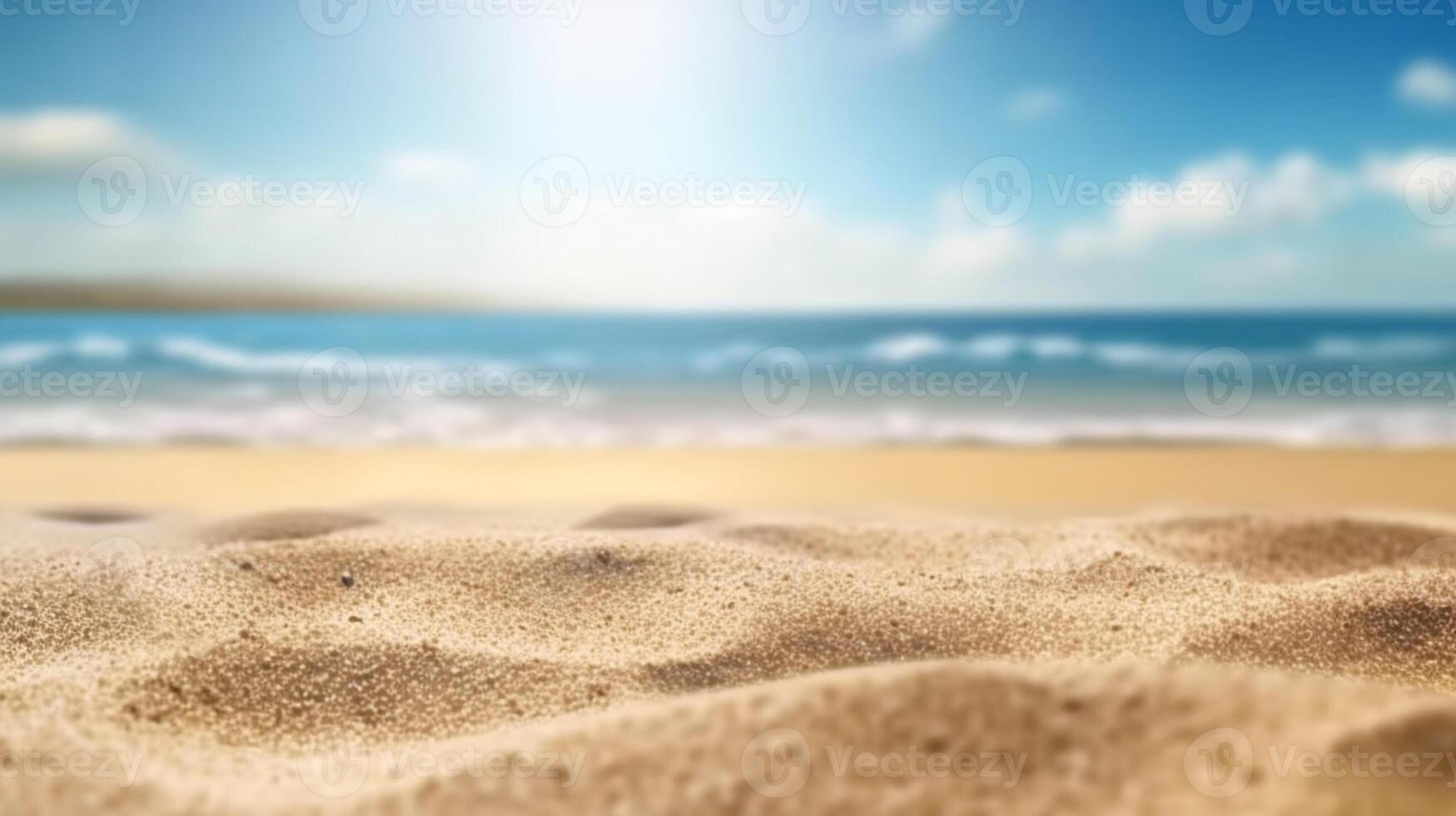 leeren Sand auf Strand Seite Raum und Sommer- Meer Seite sonnig Tag auf Hintergrund. Produkt Anzeige Montage. Vorlage Netz Seite? ˅ Design. generativ ai foto