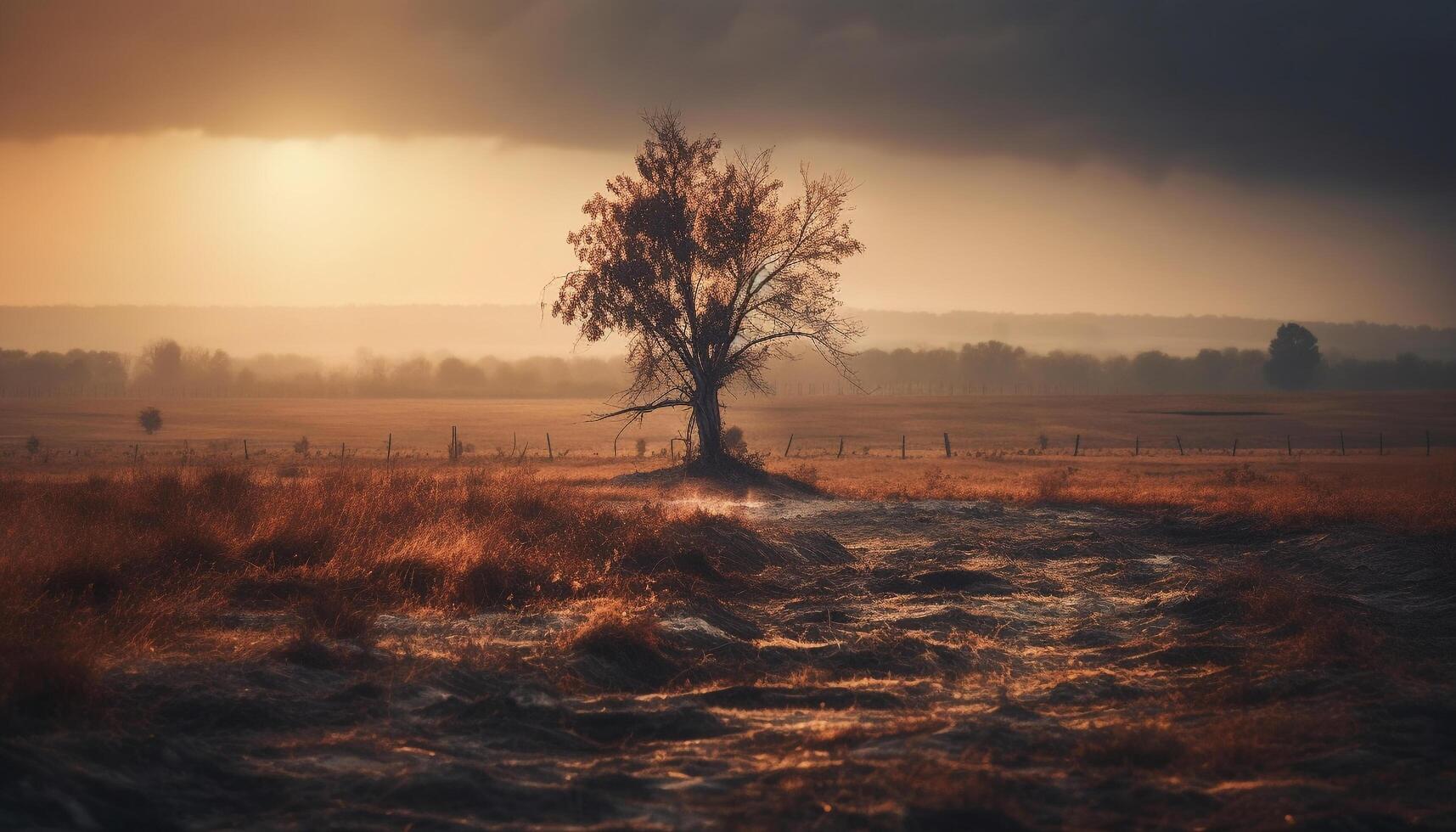 Sonnenuntergang Silhouette, still Baum im Orange Himmel generiert durch ai foto