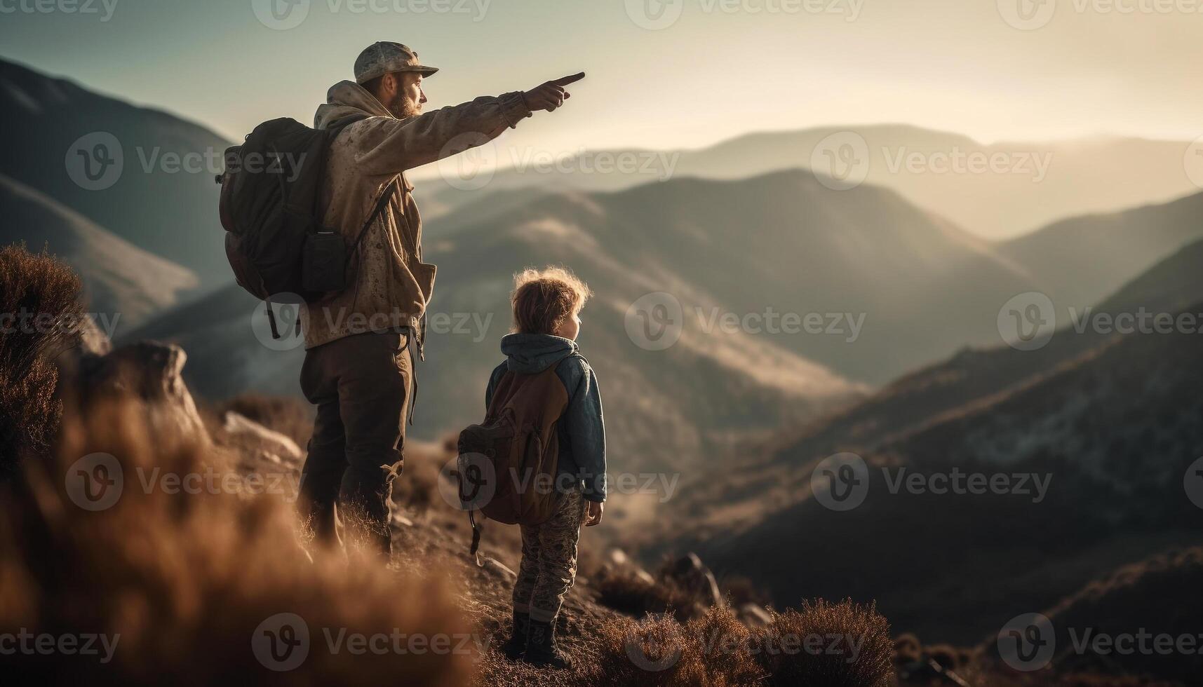 Männer Wandern Berg Spitzen, Abenteuer Verfolgung zusammen generiert durch ai foto
