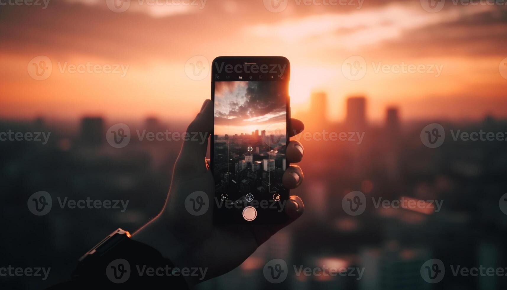 Männer halten Clever Telefone Fotografieren Stadt Horizont generiert durch ai foto