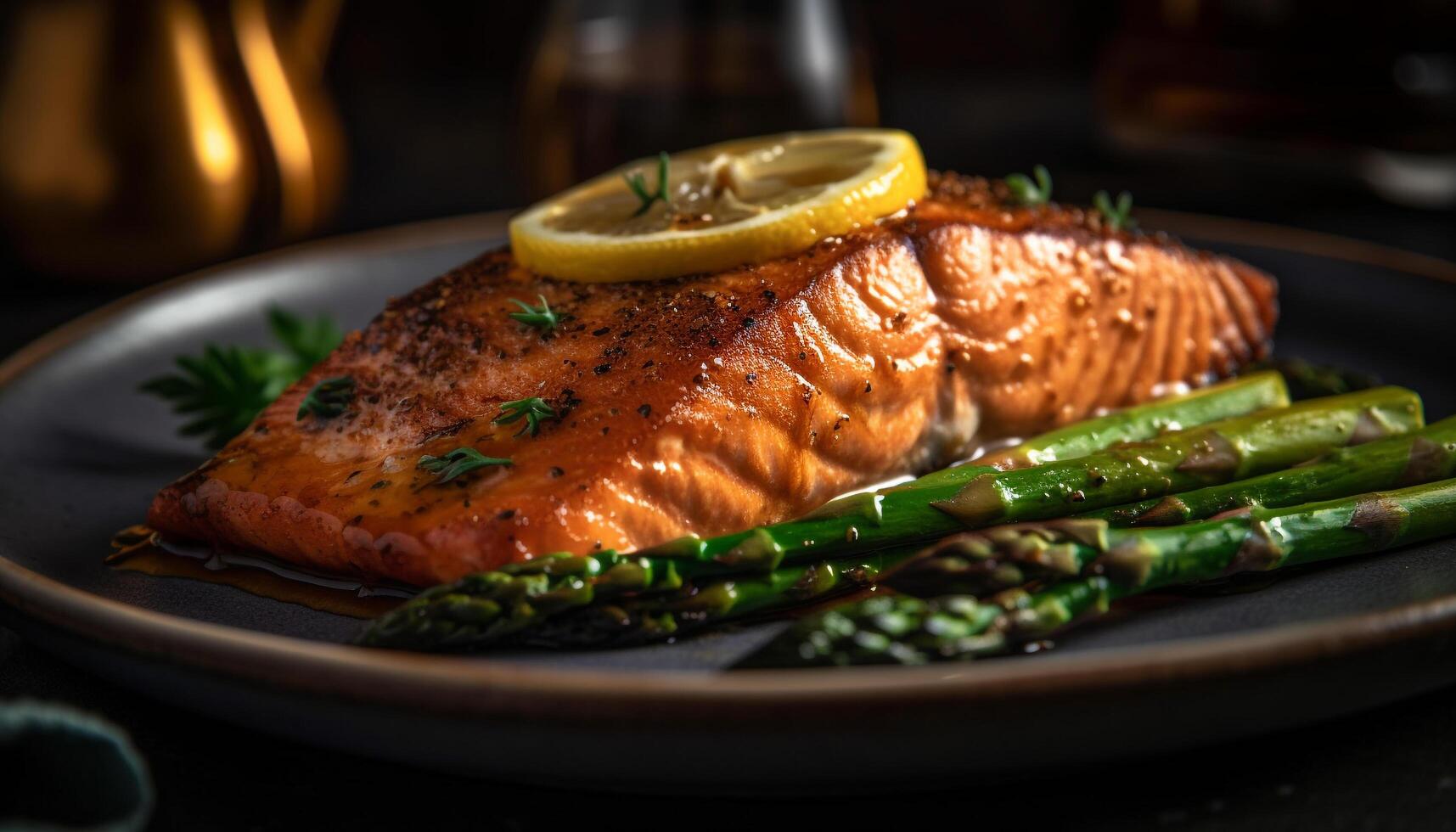 gegrillt Lachs Filet mit Spargel, Zitrone Salat generiert durch ai foto