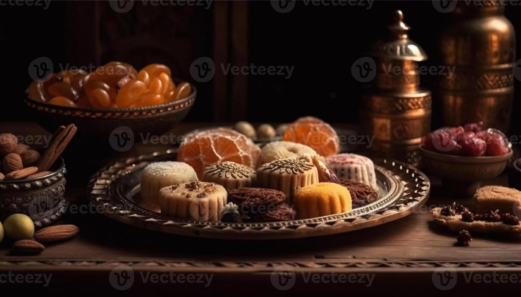 Genuss auf rustikal hölzern Tablett Gourmet Schokolade generiert durch ai foto