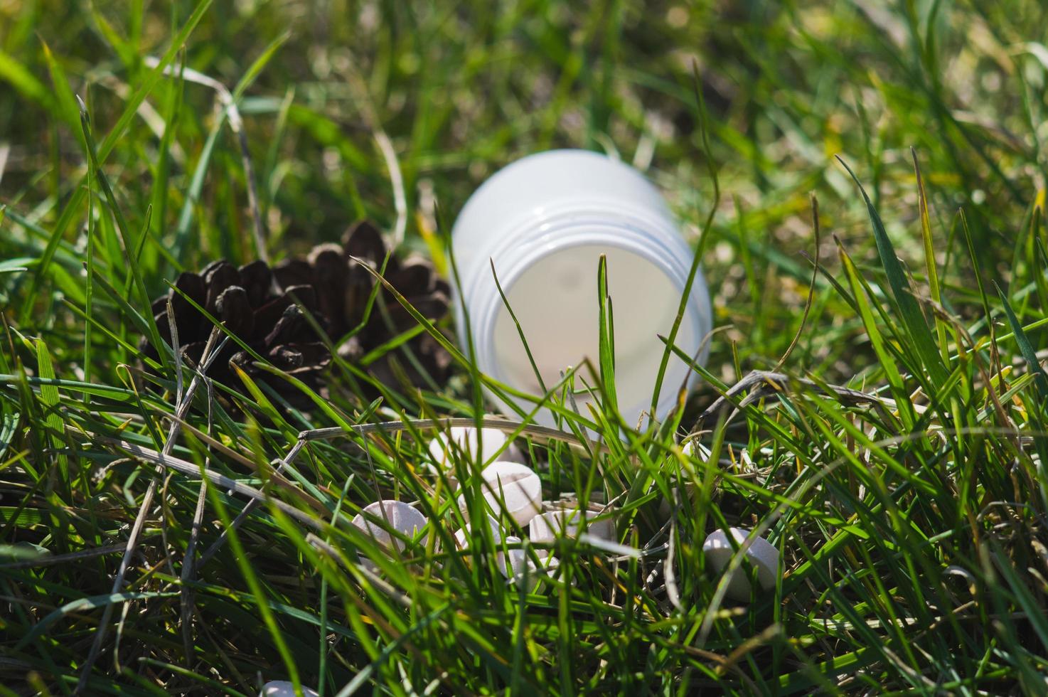 weiße Pillen im Gras mit Tannenzapfen foto