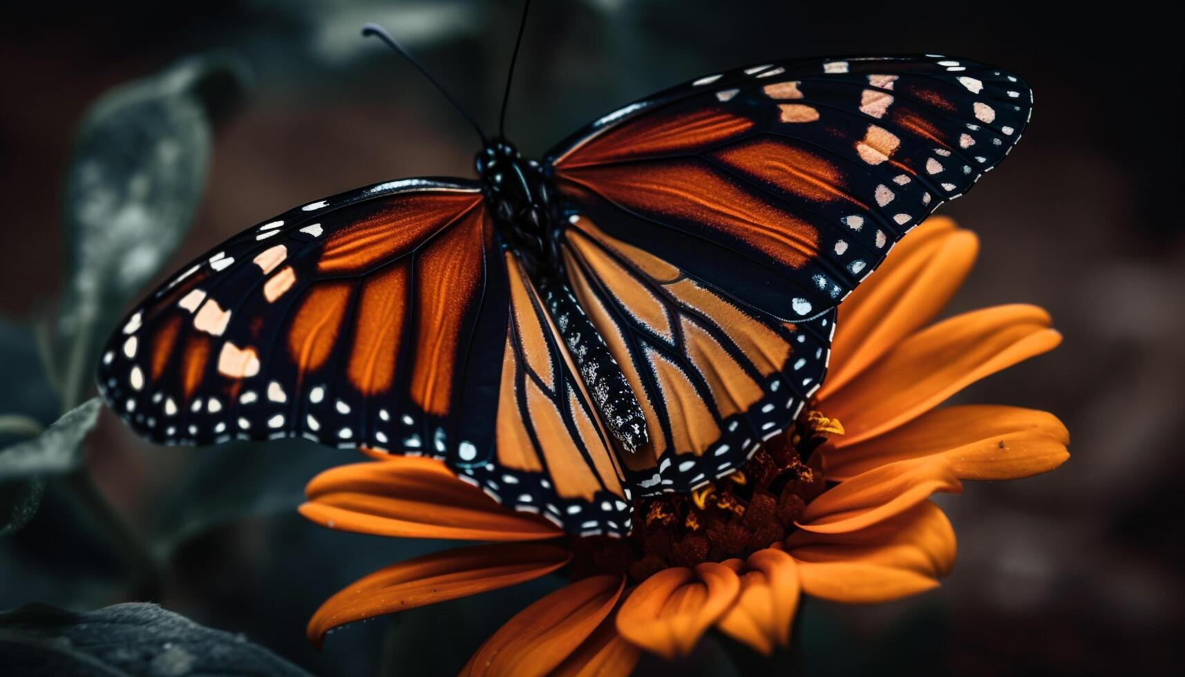beschwingt Monarch Schmetterling auf Gelb Blume Blütenblatt generiert durch ai foto