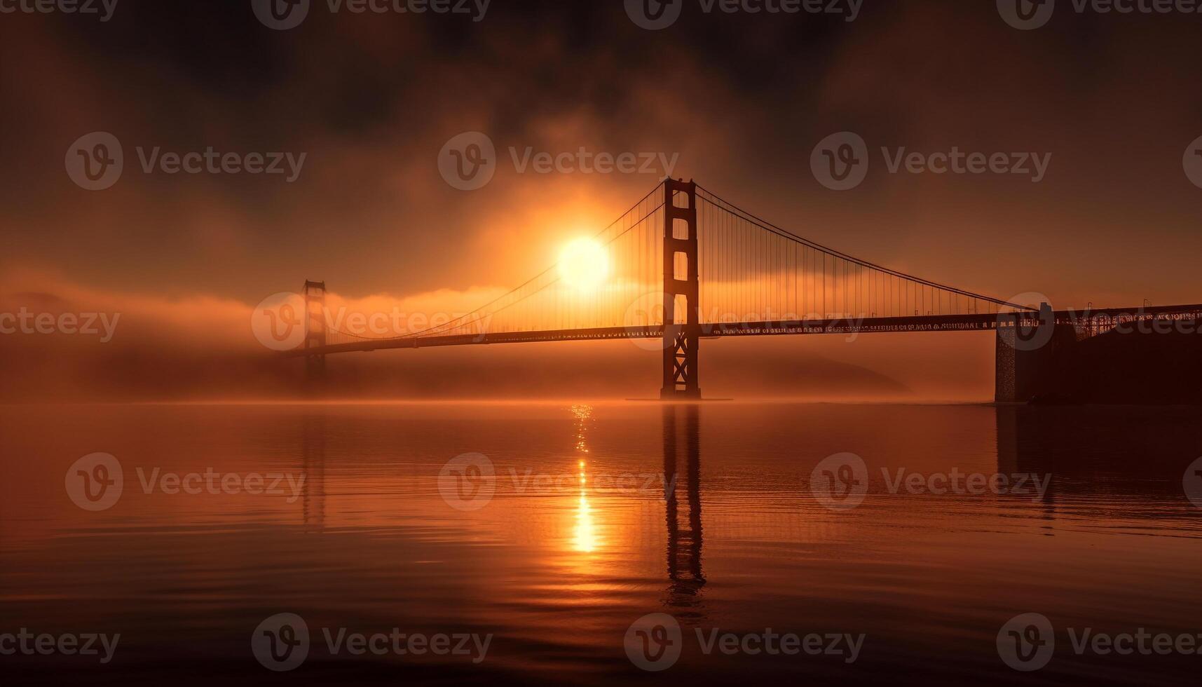 golden Suspension Brücke spiegelt still Stadt Horizont beim Dämmerung generiert durch ai foto